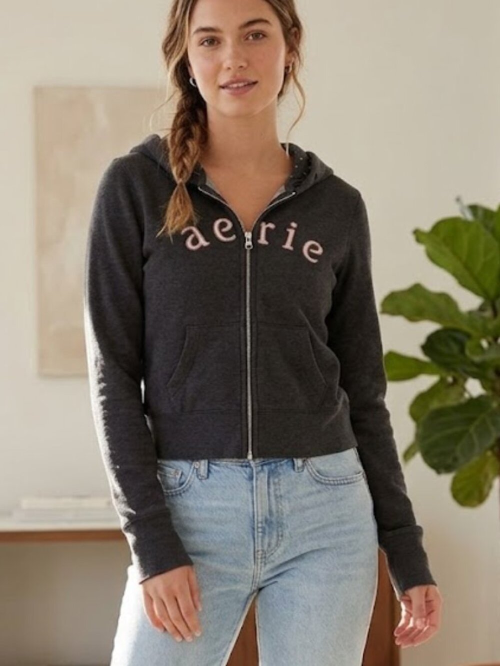 Aerie Siz XS Cropped Jacket NO String Hoodie Hooded Lightweight Logo McBling Y2K